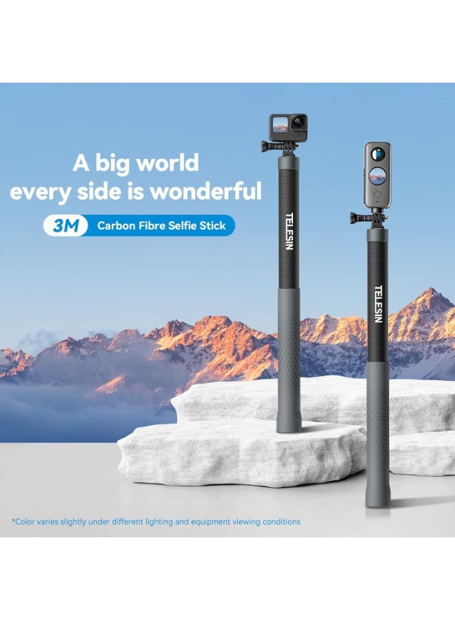 تيليسن عصا سيلفي TELESIN الجيل الثالث 3 متر من ألياف الكربون – عصا تصوير طويلة جداً للمغامرات تحت الماء، مقاومة للماء وقابلة للتمديد 44–300 سم، خفيفة وقوية للكاميرات الرياضية مثل GoPro، Insta360 ONE RS/X3/X2، DJI Osmo Action & Pocket - Image 2